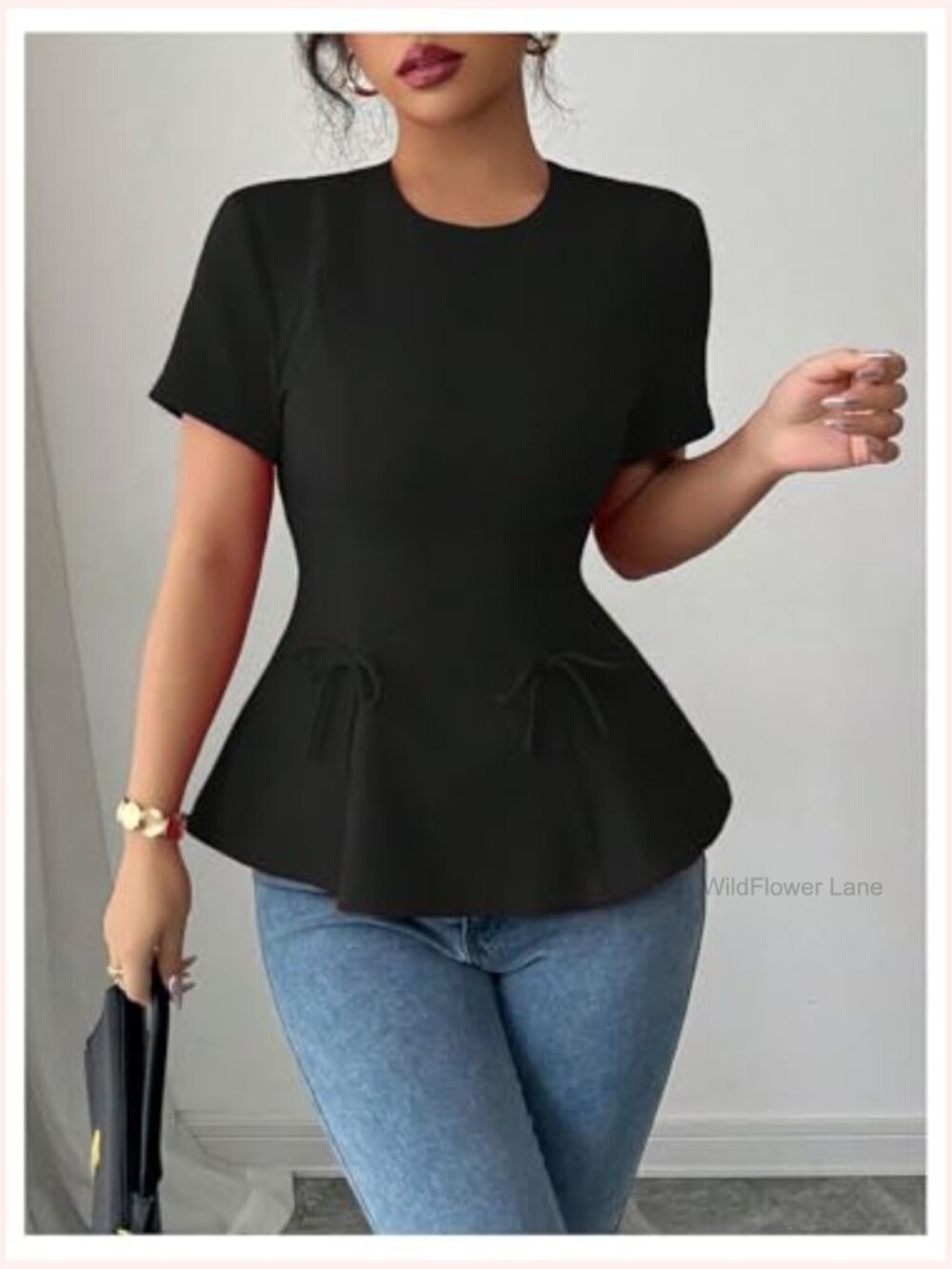 Short Sleeve Bow Peplum Blouse Crew Neck Flare Hem Dressy Casual Tops - Picture 4 of 6
